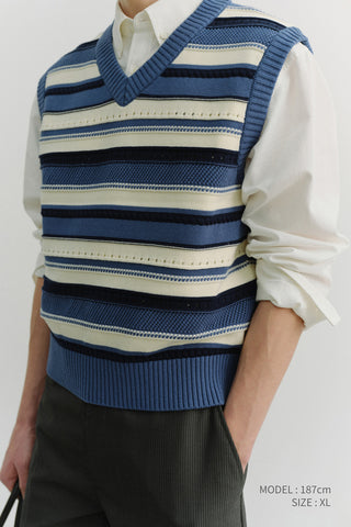 UNISEX CRAFTED STRIPED KNIT VEST BLUE CREAM