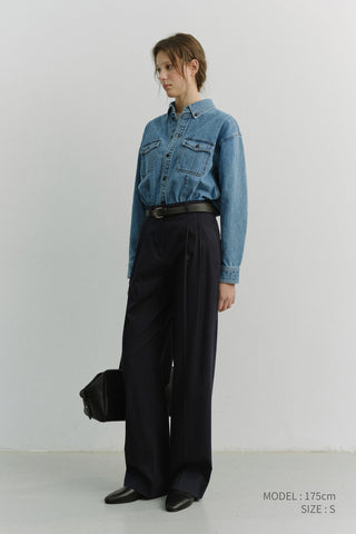 DOUBLE PLEATED CHINO SLACKS NAVY