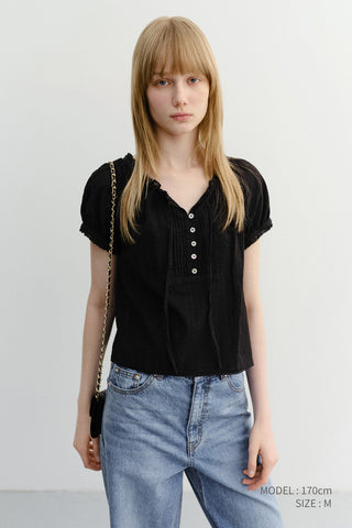 RIBBONED SHIRRING BLOUSE BLACK