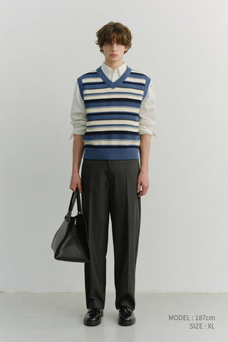 UNISEX CRAFTED STRIPED KNIT VEST BLUE CREAM