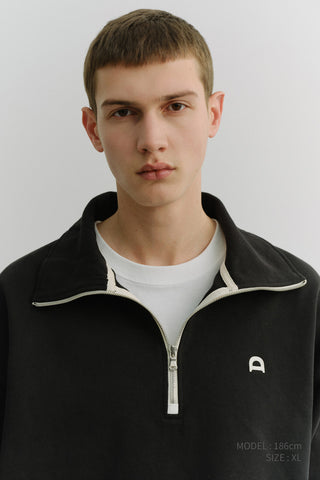 UNISEX LEATHER LOGO HALF ZIP-UP SWEATSHIRT BLACK