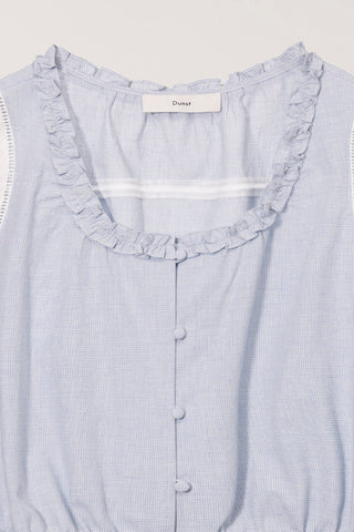 FRILL SLEEVELESS BLOUSE SOFT BLUE CHECK