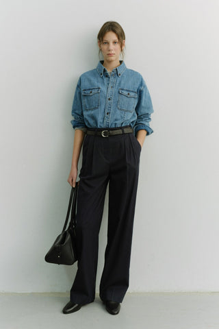 DOUBLE PLEATED CHINO SLACKS NAVY