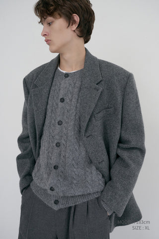 UNISEX HAIRY CABLE CREW NECK CARDIGAN MELANGE GREY