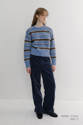 UNISEX STRIPED HAIRY SWEATER SOFT BLUE DEEP BROWN