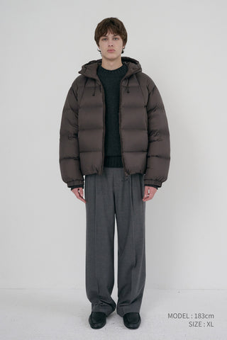 UNISEX HOODED VOLUME GOOSE DOWN JACKET DARK BROWN