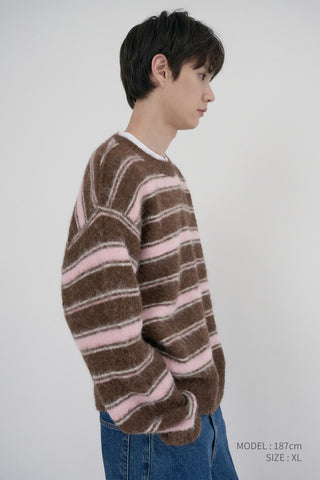 UNISEX STRIPED HAIRY SWEATER BROWN PINK