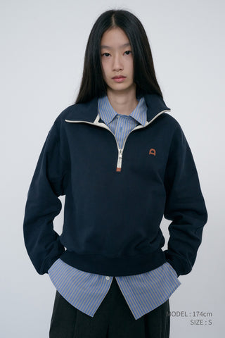 UNISEX LEATHER LOGO HALF ZIP-UP SWEATSHIRT FRENCH NAVY