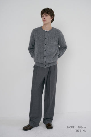 UNISEX HAIRY CABLE CREW NECK CARDIGAN MELANGE GREY