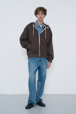 UNISEX LEATHER LOGO ZIP-UP HOODIE BROWN