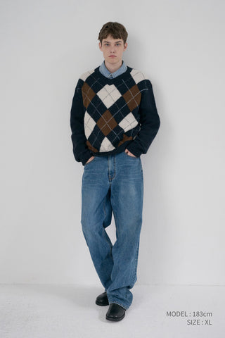 UNISEX HAIRY ALPACA ARGYLE SWEATER NAVY