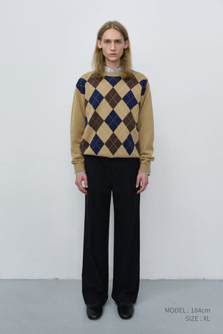 UNISEX ARGYLE CREWNECK SWEATER CAMEL BEIGE