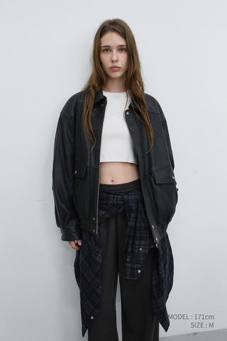 UNISEX OVERSIZED VINTAGE LEATHER BLOUSON BLACK