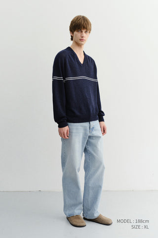 UNISEX V-NECK STRIPED SWEATER NAVY