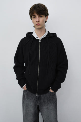 UNISEX HOODED KNIT CARDIGAN BLACK