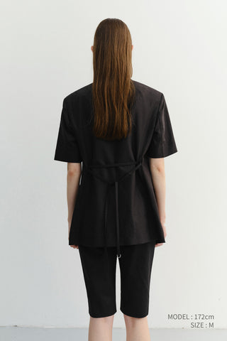 HALF SLEEVE BELTED LINEN JACKET BLACK