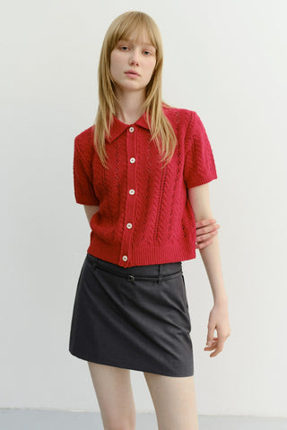 COLLARED HALF SLEEVE CARDIGAN RED