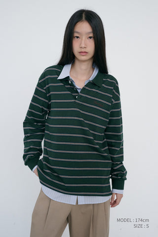 UNISEX MULTI STRIPE COLLARED T-SHIRT FOREST GREEN STRIPE