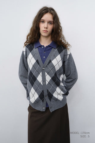 UNISEX V-NECK ARGYLE CARDIGAN GREY