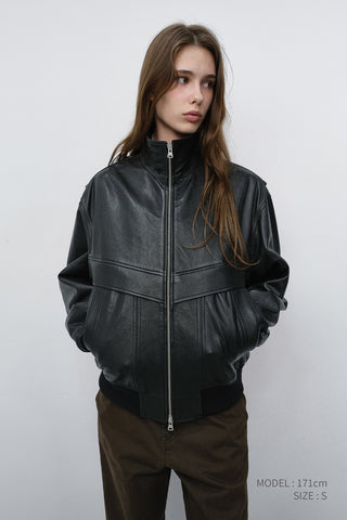 UNISEX STAND COLLARED LEATHER BLOUSON BLACK