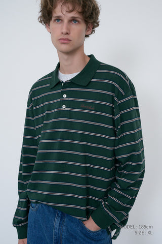 UNISEX MULTI STRIPE COLLARED T-SHIRT FOREST GREEN STRIPE