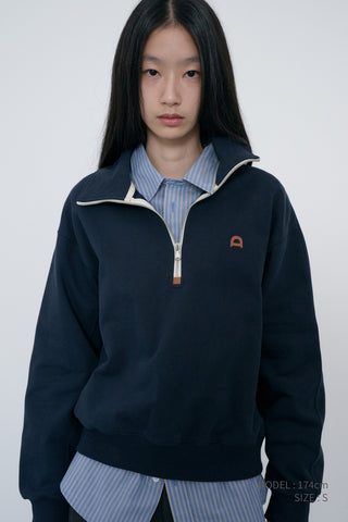 UNISEX LEATHER LOGO HALF ZIP-UP SWEATSHIRT FRENCH NAVY