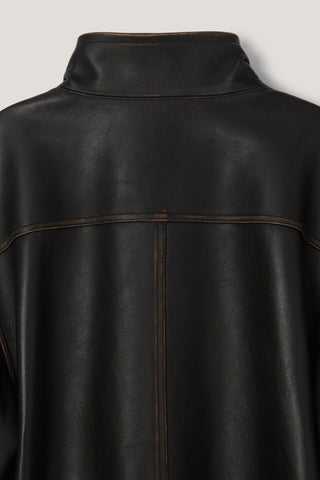 UNISEX STAND COLLARED LEATHER BLOUSON BRUSHED BLACK