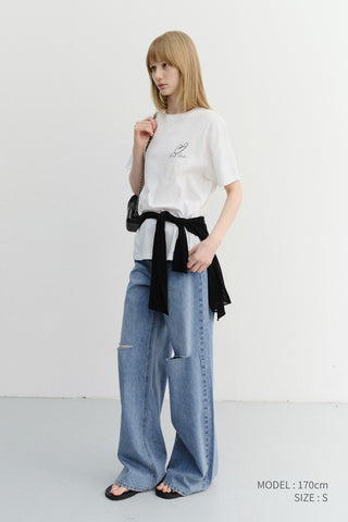 DAMAGED WIDE JEANS CLASSIC BLUE