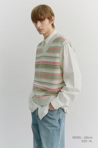 UNISEX CRAFTED STRIPED KNIT VEST IVORY MINT