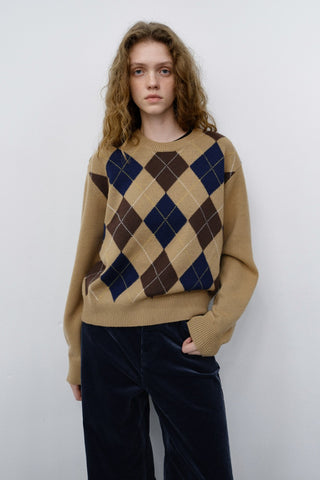 UNISEX ARGYLE CREWNECK SWEATER CAMEL BEIGE