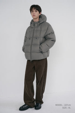 UNISEX HOODED VOLUME GOOSE DOWN JACKET GREYISH KHAKI