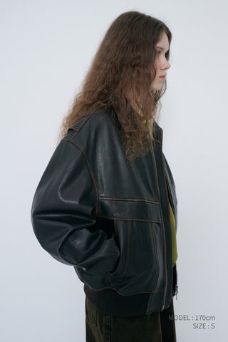 UNISEX STAND COLLARED LEATHER BLOUSON BRUSHED BROWN