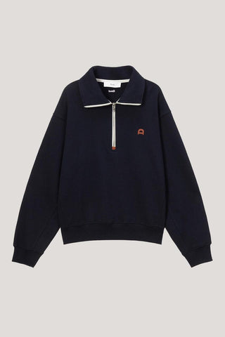 UNISEX LEATHER LOGO HALF ZIP-UP SWEATSHIRT FRENCH NAVY