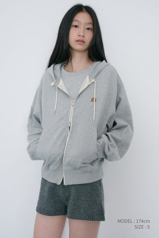UNISEX LEATHER LOGO ZIP-UP HOODIE MELANGE GREY