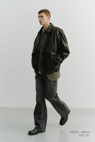 UNISEX OVERSIZED VINTAGE LEATHER BLOUSON BLACK