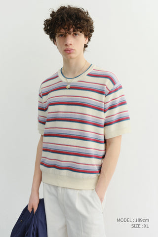UNISEX STRIPED CREWNECK KNIT CREAM RED