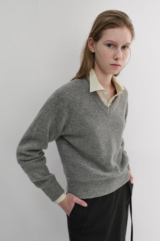UNISEX SOFT VOLUME V-NECK SWEATER MELANGE GREY