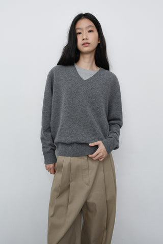 UNISEX CASHMERE V-NECK SWEATER MELANGE GREY