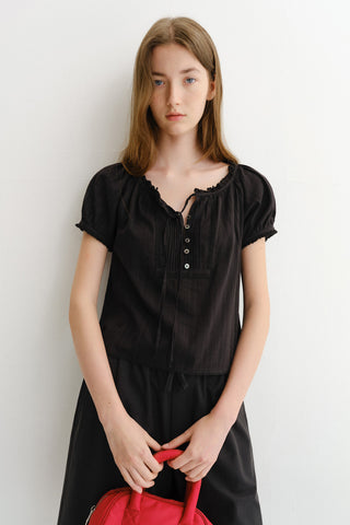 RIBBONED SHIRRING BLOUSE BLACK