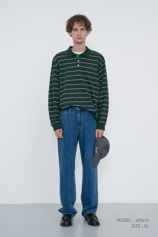 UNISEX MULTI STRIPE COLLARED T-SHIRT FOREST GREEN STRIPE