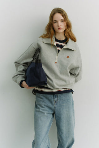 UNISEX LEATHER LOGO HALF ZIP-UP SWEATSHIRT MELANGE GREY