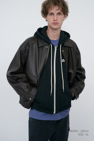 UNISEX LEATHER LOGO ZIP-UP HOODIE BLACK