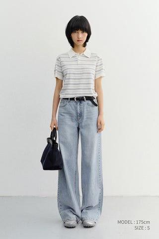 UNISEX STRIPED POLO KNIT WHITE SOFT BLUE