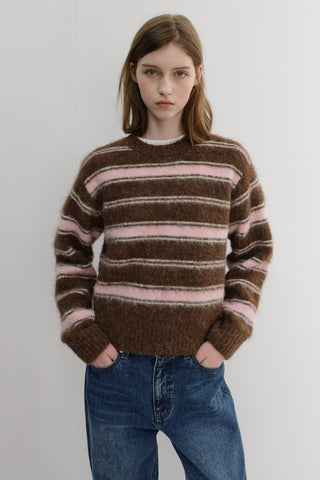 UNISEX STRIPED HAIRY SWEATER BROWN PINK