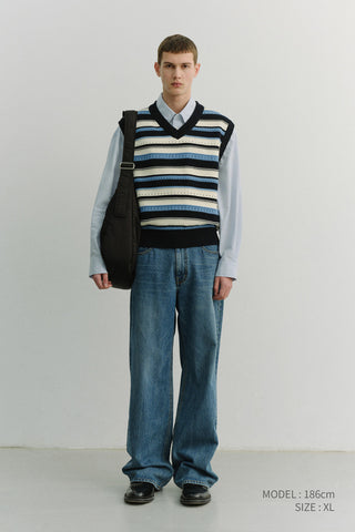 UNISEX CRAFTED STRIPED KNIT VEST NAVY CREAM