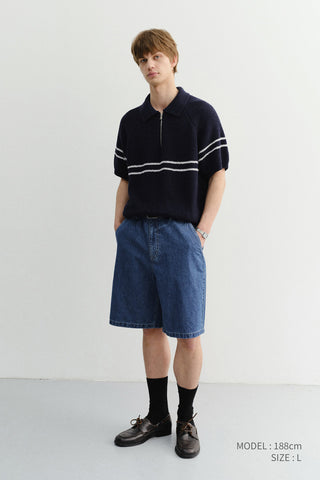HALF ZIP-UP STRIPED POLO KNIT DARK NAVY