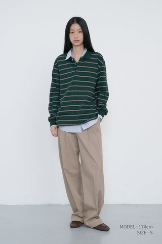UNISEX MULTI STRIPE COLLARED T-SHIRT FOREST GREEN STRIPE