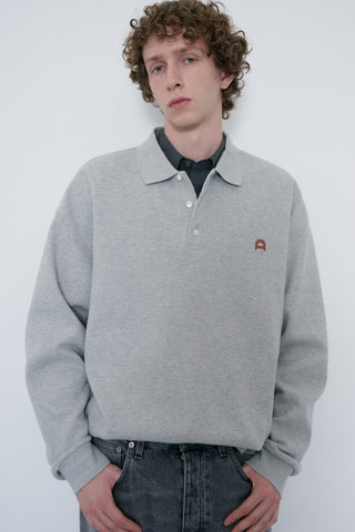 UNISEX LEATHER LOGO COLLARED T-SHIRT MELANGE GREY