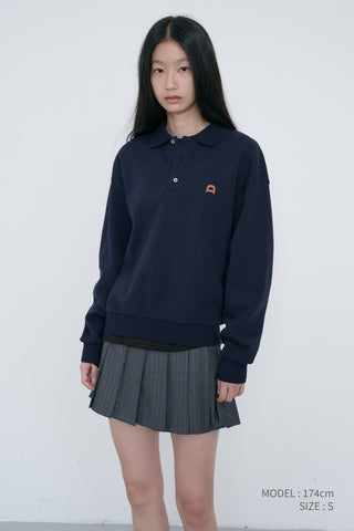 UNISEX LEATHER LOGO COLLARED T-SHIRT FRENCH NAVY