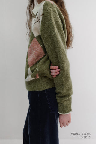 UNISEX HAIRY ALPACA ARGYLE SWEATER OLIVE KHAKI